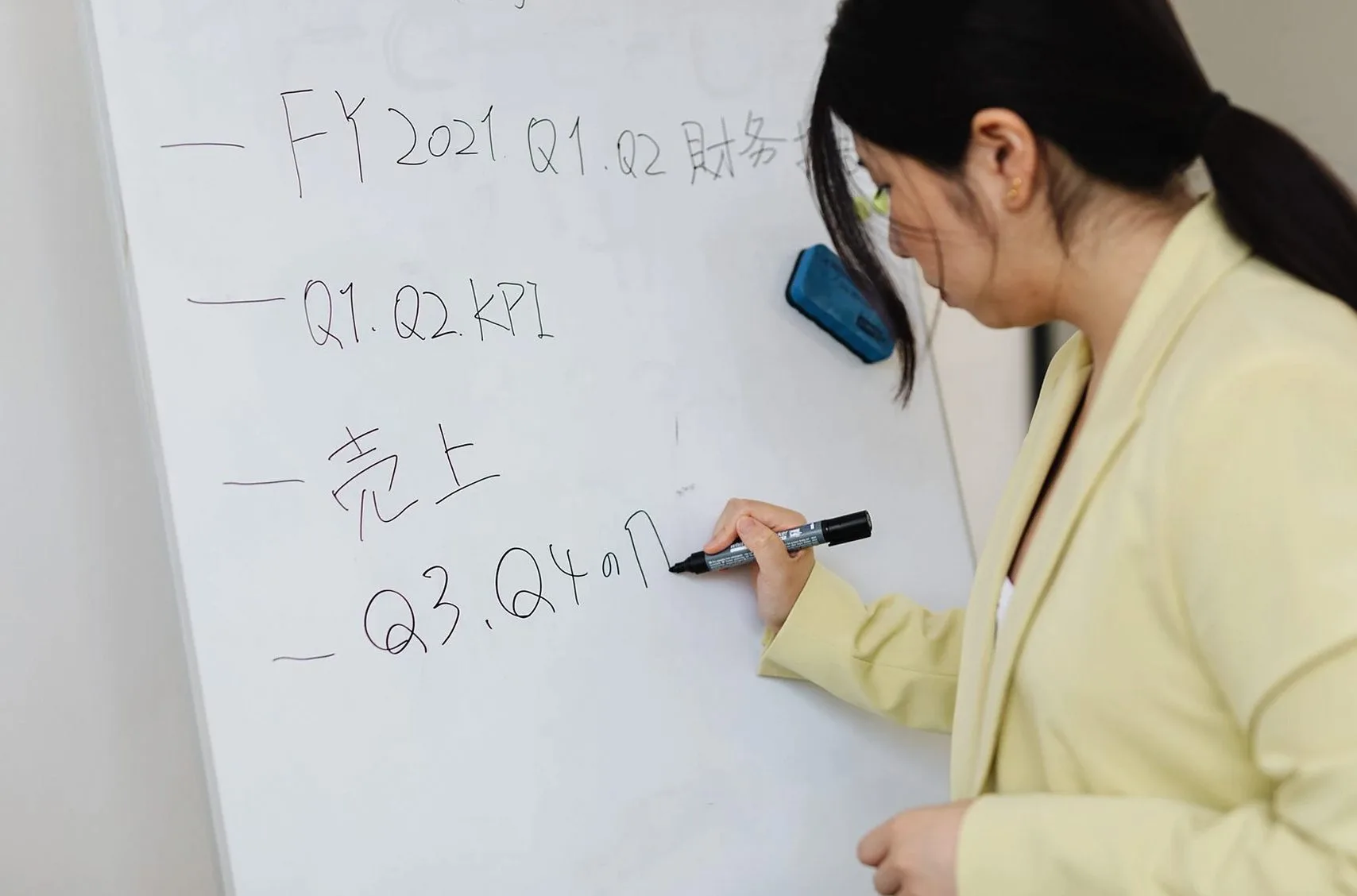 ホワイトボードに業績の項目を書き込む女性